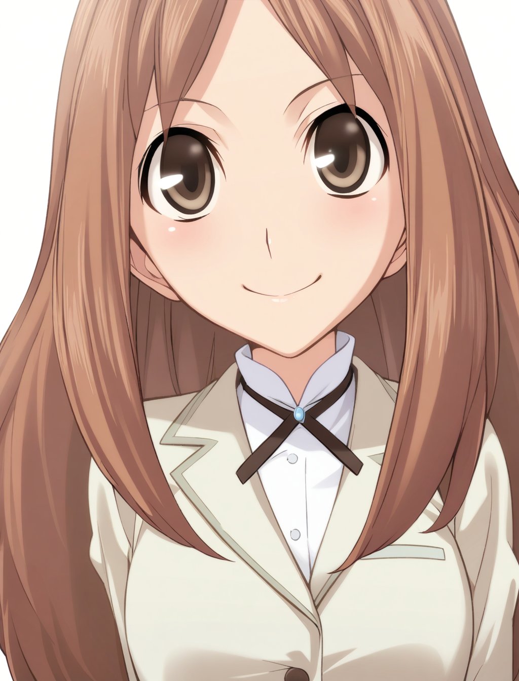 1girl,Hoshitsuki Orihime,teacherorihime,teacher clothing,masterpiece,best quality,solo,very aesthetic,absurdres,game cg,(detailed beautiful eyes:1.2),(beautiful face:1.2),simple background,white background,<lora:HoshitsukiOrihimeXL:1>,smile,looking at viewer,cowboy shot,close up,upper body,