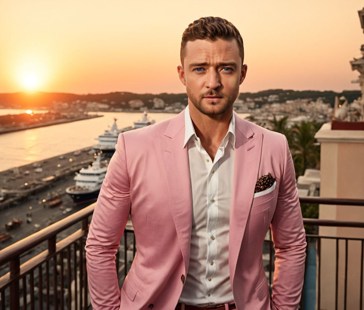 Nautical-themed of Justin Timberlake a man ,  in a pink suit standing on a balcony,  handsome man by HottiesnHotties on Te...