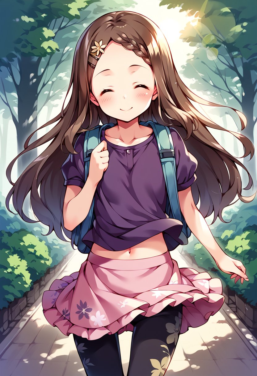 score_9, score_8_up, score_7_up, best quality, masterpiece, source_anime BREAK1girl, aoba kokona, solo, closed eyes, smile, brown hair, bag, braided bangs, backpack, navel, ^_^, capri pants, midriff, leggings, hairclip, facing viewer, layered skirt, barefoot, wind, floral print, short sleeves, pink skirt, walking, blush, purple shirt, thigh gap, hair flower, closed mouth, lens flare, standing, frilled skirt, wind lift, outdoors, day, collarbone, forehead, frills, clothes lift, very long hair, pants under skirt <lora:aoba_kokona_sdxl_locon_pony_v1:0.7>