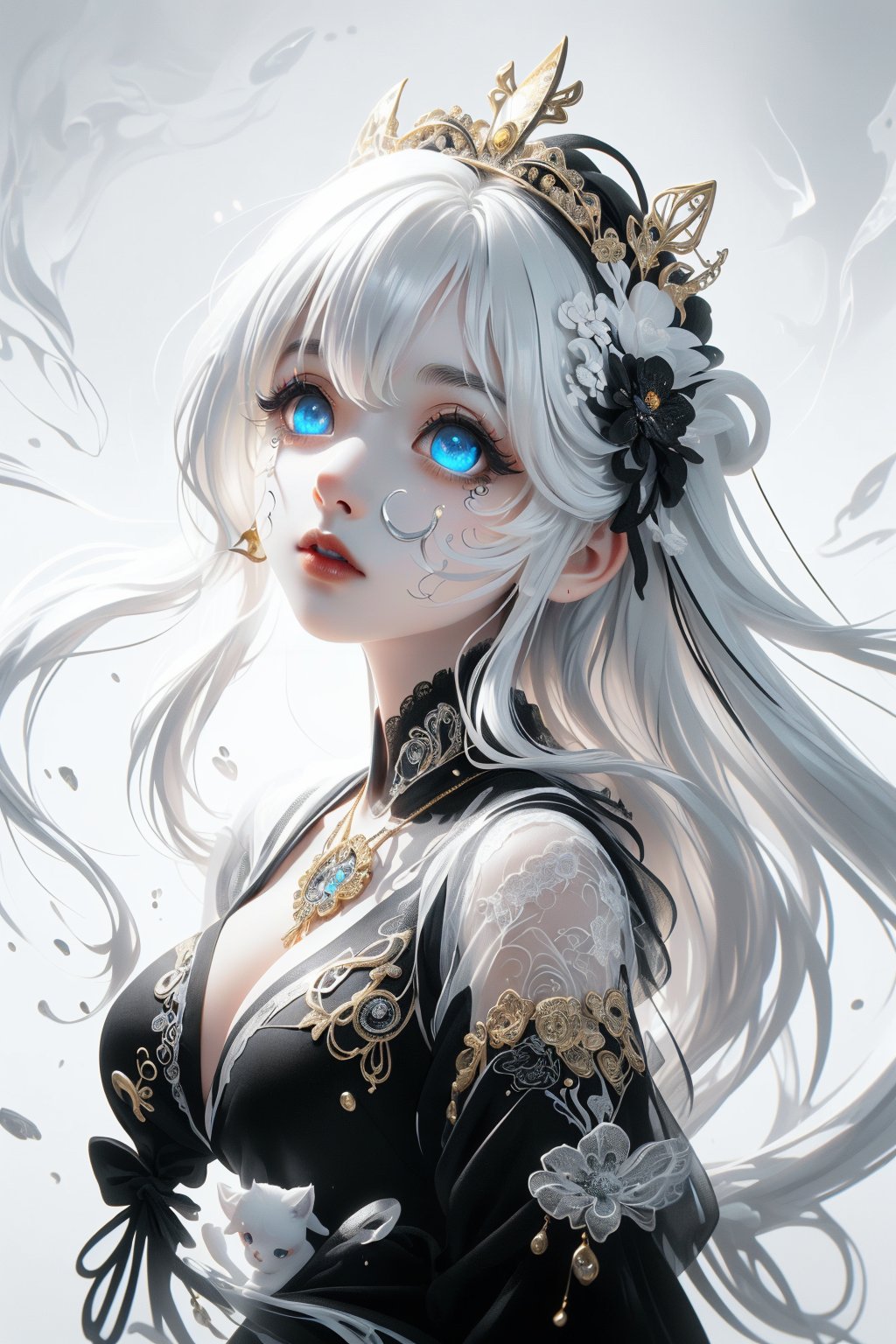 masterpiece,(best quality),Amazing,beautiful detailed eyes,((((1girl)))),finely detailed,Depth of field,extremely detailed CG unity 8k wallpaper,(((cute animal face))),(((a girl wears Clothes Black and white Taoist robes)))ï¼Œ((Extremely gorgeous magic style))ï¼Œ ((((gold and silver lace)))),(((flowing lace))),(((flowing ((black)) and white background)))ï¼Œ(((((gorgeous detailed eyes))))),(((((((gorgeous detail face))))))),((floating hair)),(((Pick and dye black hair in white hair))),(((flowing transparent black))),(((flowing transparent white))),(((((ink))))),((((small breast)))),(((extremely detailed gorgeous tiara))),(((white hair))),((black hair stick)),((white hair ornament)),((gold gorgeous necklace)),((flowing hair))ï¼Œ(((The picture fills the canvas))),((The character is in the center of the frame)),(((flowing))),((bright pupils)),((((melt)))),(((((black and white melt))))),