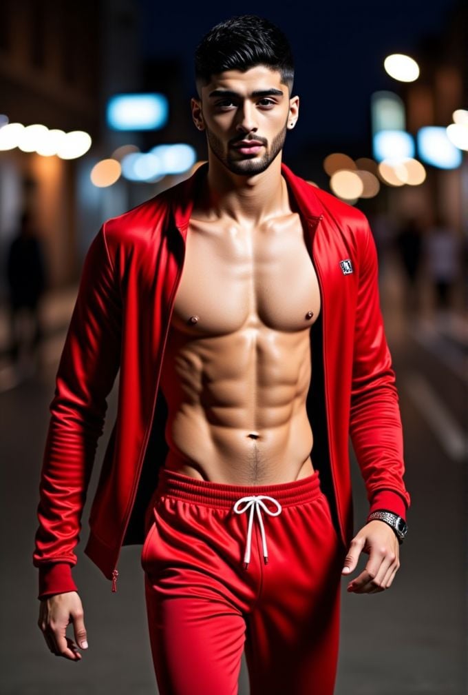 Zayn Malik ,  realistic photo in a worn ((skin-revealing skimpy erotic red tracksuit,  massive pecs)) by HottiesnHotties o...
