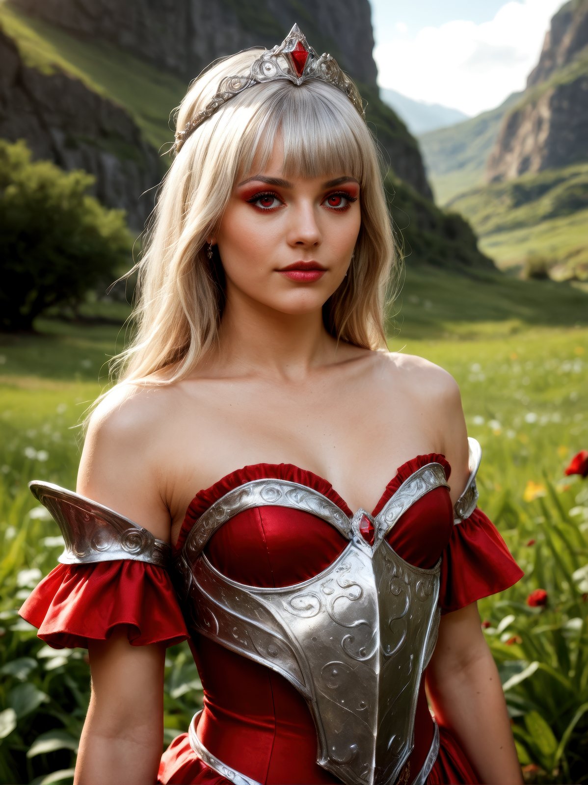 score_9, score_8_up, score_7_up, source_photo, (realistic:1.4)beautiful scarlet haired woman, wearing armored strapless crimson dress with silver details, makeup, detailed eyes, beautiful, long straight hair, bangs, jewelry, highly detailed, vivid colors, outdoors, fantasy landscape