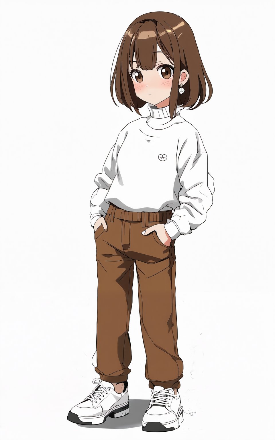 anime style, 1girl,looking at viewer,blush,short hair,bangs,brown hair,hair ornament,long sleeves,white background,brown eyes,jewelry,closed mouth,standing,full body,earrings,parted lips,shoes,hairclip,pants,medium hair,sweater,turtleneck,white footwear,sneakers,hand in pocket,white sweater,brown pants