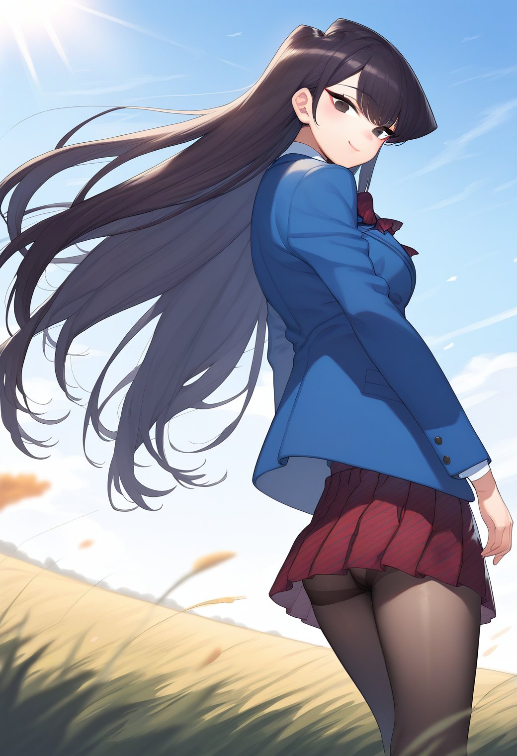 1girl,  cowboy shot, (outdoors:1.4), (sky:1.4), (field:1.4), (sunlight:1.4),  lite smile, looking at viewer, komi_shouko, black eyes, black hair, long hair, school uniform, red bowtie, jacket, blazer, long sleeves, striped, pleated skirt, red skirt, black pantyhose, <lora:komi_shouko_pony_ver1:0.7>, score_9, score_8_up, score_7_up, BREAK source_anime, rating_explicit, best quality, masterpiece, uncensored,