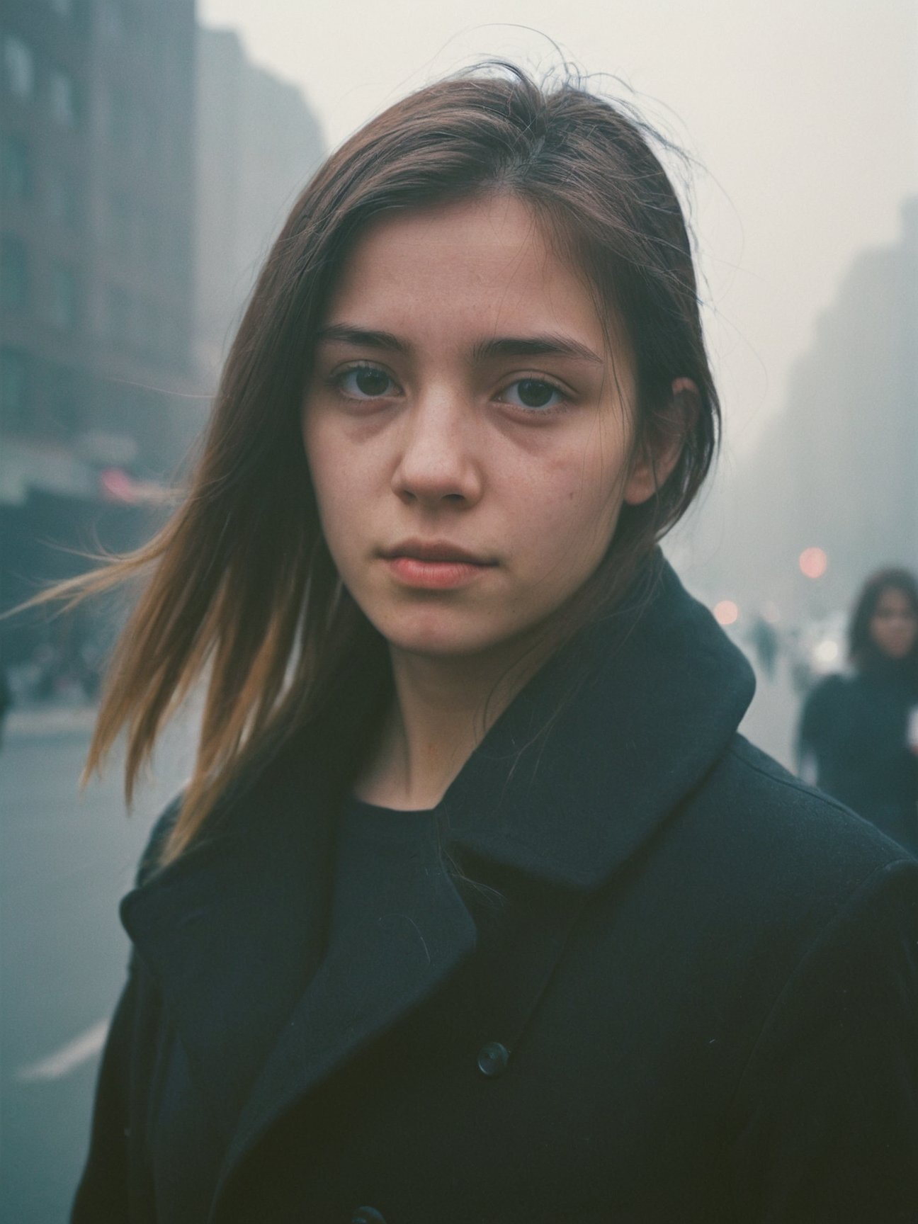 photography, city street, closeup portrait photo of young woman in dark clothes, sunny, daylight, fog, Fujifilm XT3, Canon R5, Fujicolor Fujichrome Velvia 100