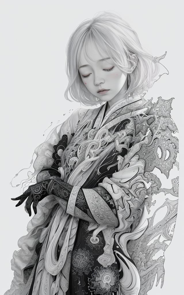 official art,unity 8k wallpaper,ultra detailed,beautiful and aesthetic,masterpiece,best quality,(zentangle, mandala, tangle, entangle),(fractal art:1.3),1girl,extremely detailed,dynamic angle,cowboyshot,the most beautiful form of chaos,elegant,a brutalist designed,vivid colours,romanticism,by james jean,roby dwi antono,ross tran,francis bacon,michal mraz,adrian ghenie,petra cortright,gerhard richter,takato yamamoto,ashley wood,atmospheric,ecstasy of musical notes,streaming musical notes visible,white background,ink,scenery,a girl formed of colored glaze,closed eyes,coloured glaze,