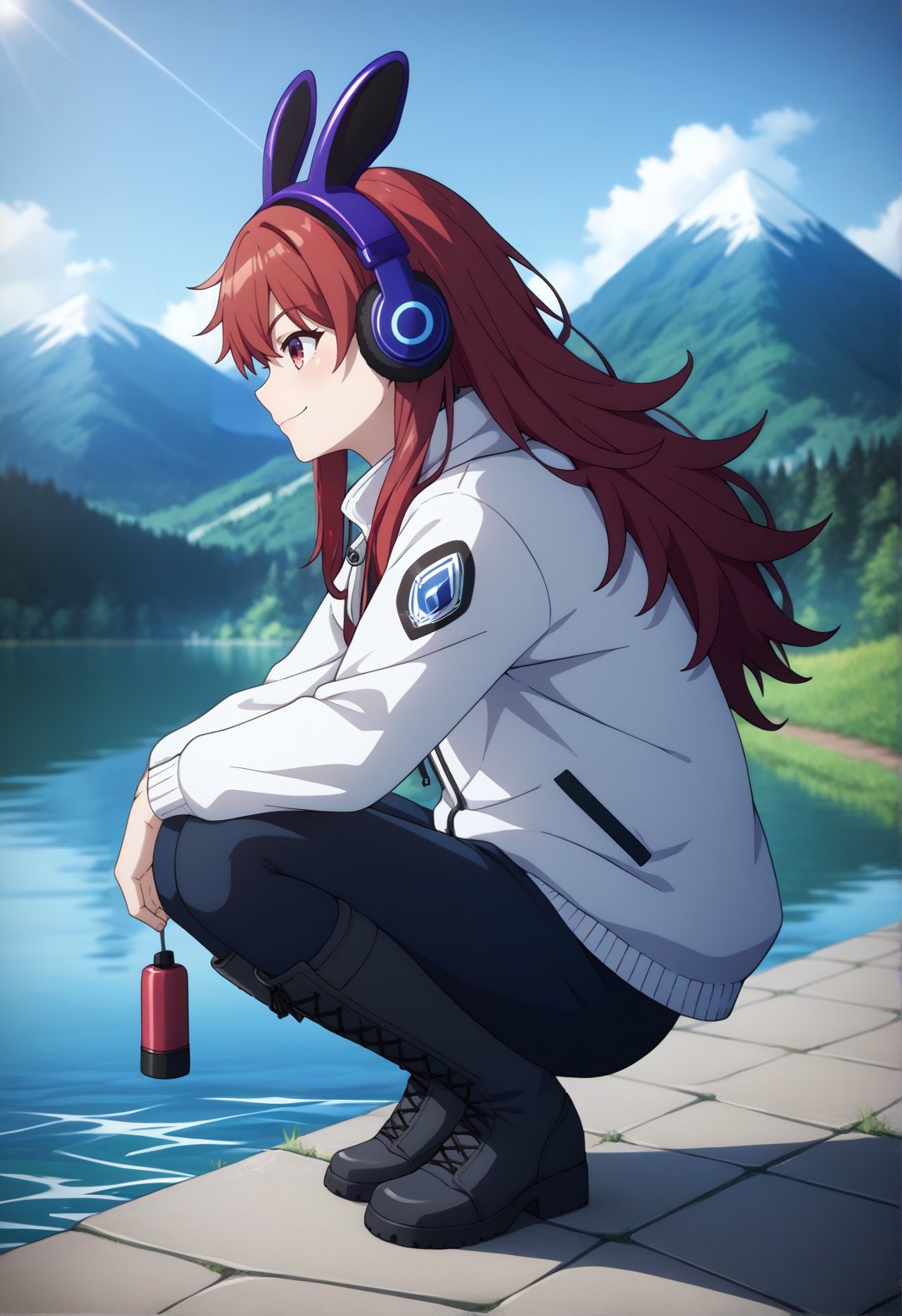 score_9, score_8_up, score_7_up, BREAK source_anime, 1girl, solo, light smile, mountain, red hair, long hair, (headphone:1.3), wearing headphone, lake, meadow, panorama, jacket, kneehighs, boots, squatting, from side