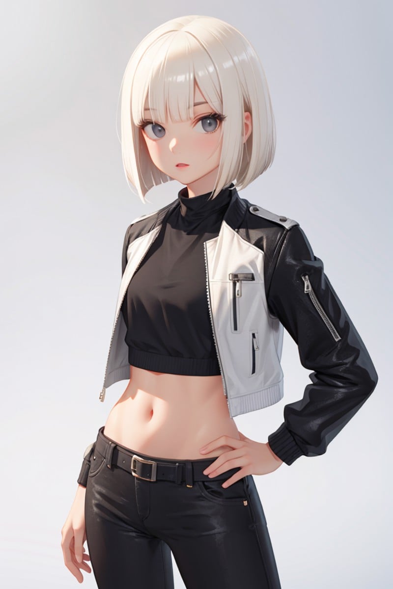 1lady,solo,leggings,cropped top,jacket,platinum blonde,bob cut,cowboy shot,black eyes,3D