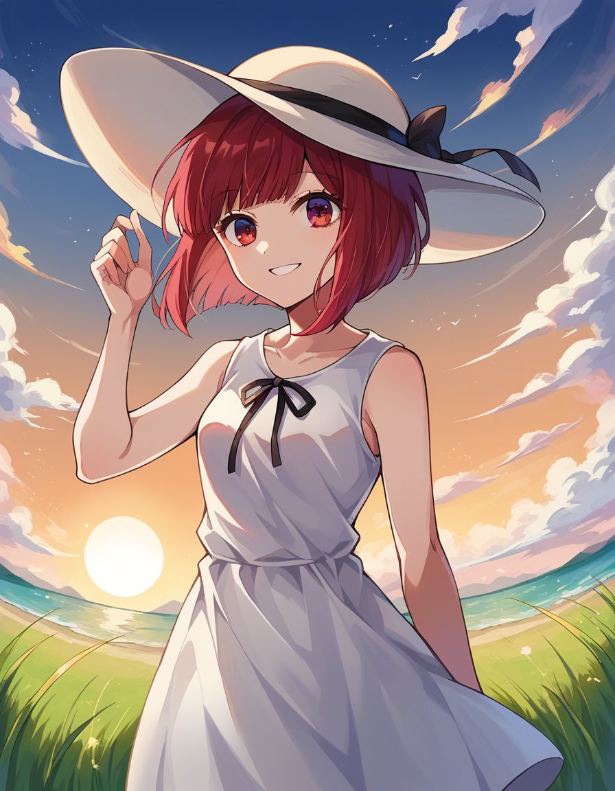 score_9, score_8_up, score_7_up, source_anime,kanaarima, <lora:kanna-arima-ponyxl-lora-nochekaiser:1>,kana arima, short hair, bangs, red eyes, red hair, bob cut, sun, smile,hat, dress, ribbon, sleeveless, white dress, sleeveless dress, white headwear, sun hat, sundress,outdoors, wind, ocean, grass, clouds, sun,looking at viewer, cowboy shot, dutch angle,