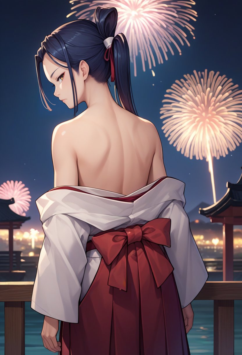 score_9, score_8_up, score_7_up, source_anime, from behind, solo, 1girl, kokuyou, expressionless, looking back, ponytail, japanese clothes, white kimono, off shoulder, red hakama, hakama skirt, bare shoulders, fireworks <lora:tsugumomo_kokuyou_ponyXL:1>