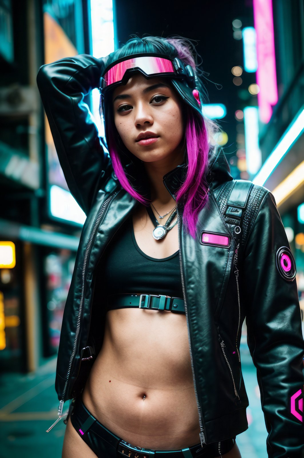 epic photograph of a young woman wearing cyberpunk clothing, cyberpunk, ektachrome, Fujifilm XT3 <lora:detail_slider_v4:2>