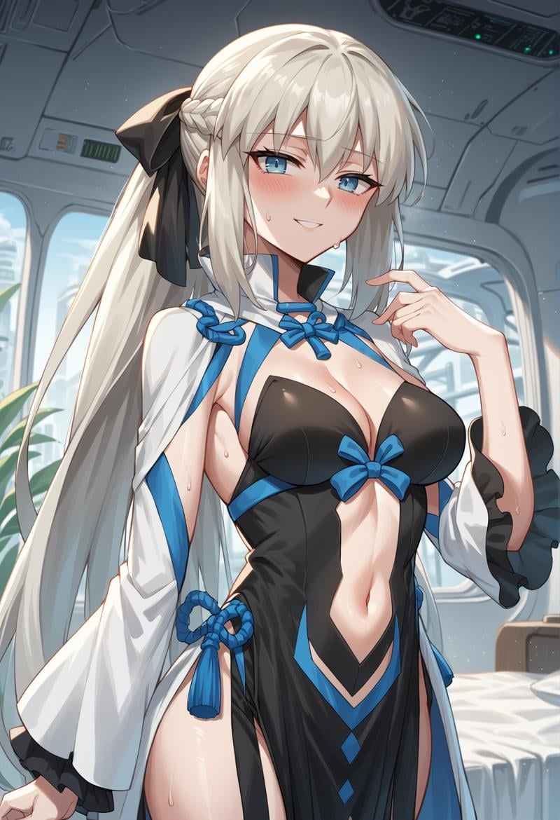 1girl, long hair, grey hair, blue eyes, very long hair, ponytail, black ribbon, hair ribbon, french braid, short dress, detached sleeves, cleavage, clothing cutout, detached collar, pelvic curtain, hand on hair, seductive smile, blushing, indoors, bed. plant, spacecraft interior, sweat, white walls <lora:Morgan_XL:1>, score_9, score_8_up, score_7_up, score_6_up, score_5_up, score_4_up, BREAK source_anime, masterpiece