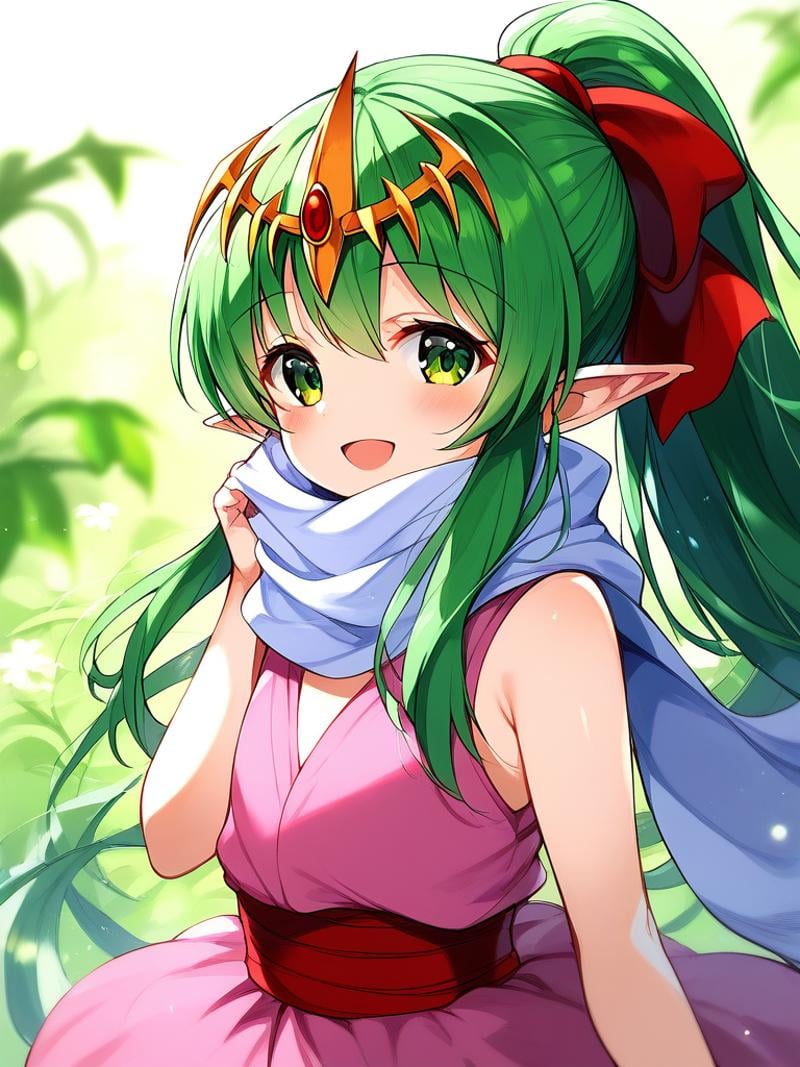 score_9, score_8_up, score_7_up, source_anime, rating_explicit, BREAK  <lora:Tiki_FE_XL:1>  Tiki, pointy ears, long hair, green hair, ponytail, tiara, green eyes, flat chest, hair ribbon, very long hair, short stack,solo, closed eyes, open mouth, smile, upper body, dress, looking at viewer, pink dress, sleeveless, scarf, ribbon,  blush,  bangs, red ribbon, sleeveless dress,grassland, 