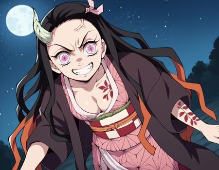 score_9, score_8_up, score_7_up, source_anime,nezukokamado, <lora:nezuko-kamado-anime-ponyxl-lora-nochekaiser:1>,nezuko kamado, black hair, forehead, hair ribbon, long hair, multicolored hair, pink eyes, orange hair, slit pupils, wavy hair, two-tone hair,cleavage, japanese clothes, horns, kimono, sash, obi, demon girl, angry, single horn, veins, pink kimono, cracked skin, checkered sash, tattoo,outdoors, night, landscape, moon, starry sky, bent over, smile,solo, dutch angle, looking at viewer, cowboy shot,