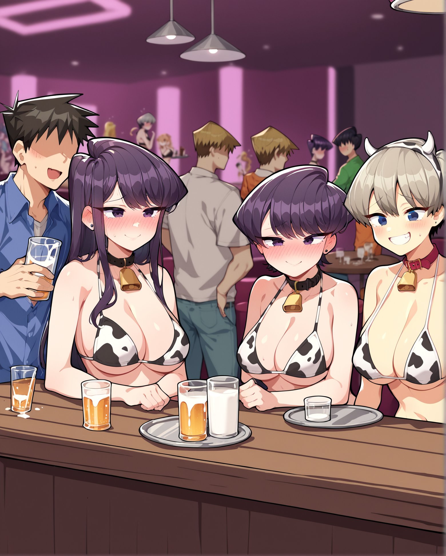 score_9, score_8_up, score_7_up, source_anime, BREAK  multiple girls, 1boy, uzaki hana, komi shouko, komi shuuko, private club, cow print, bikini, tray, alcohol, blush, embarrassed, smile, faceless male, strip club, milk, cabaret club, <lora:Private_Club:1>, rating_questionable