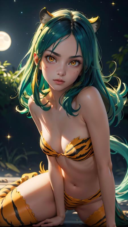 (best quality, masterpiece, colorful, dynamic angle, realistic)\Lum\, upper body photo, fashion photography of cute, intense long green hair, orange eyes, tiger print, strapless bikini, yellow boots, yellow little horns, small horns, \Lum\, <lora:lum4:0.6>  (ultrahigh resolution textures), in dynamic pose, bokeh, (intricate details, hyperdetailed:1.15), moonlight passing through hair, perfect night, (fantasy background), (official art, extreme detailed, highest detailed), HDR+