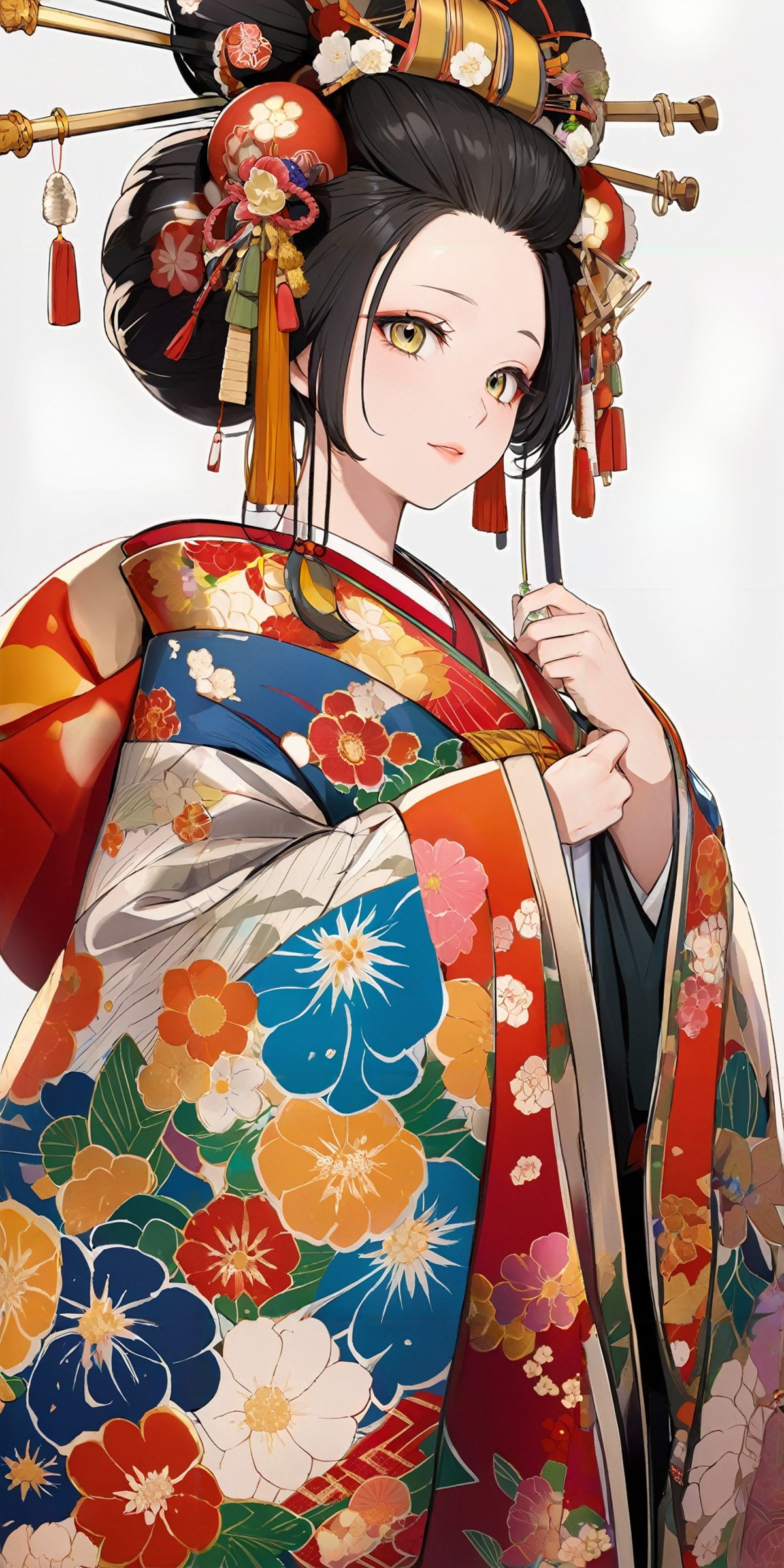 masterpiece,ultra-detailed,best quality,8K,illustration,cute face,clean skin ,shiny hair,girl,ultra-detailed-eyes,simple background, <lora:add-detail-xl:1> <lora:oiran_XL_V1.0:0.6> oiran, hair ornament, japanese clothes, floral print, long sleeves