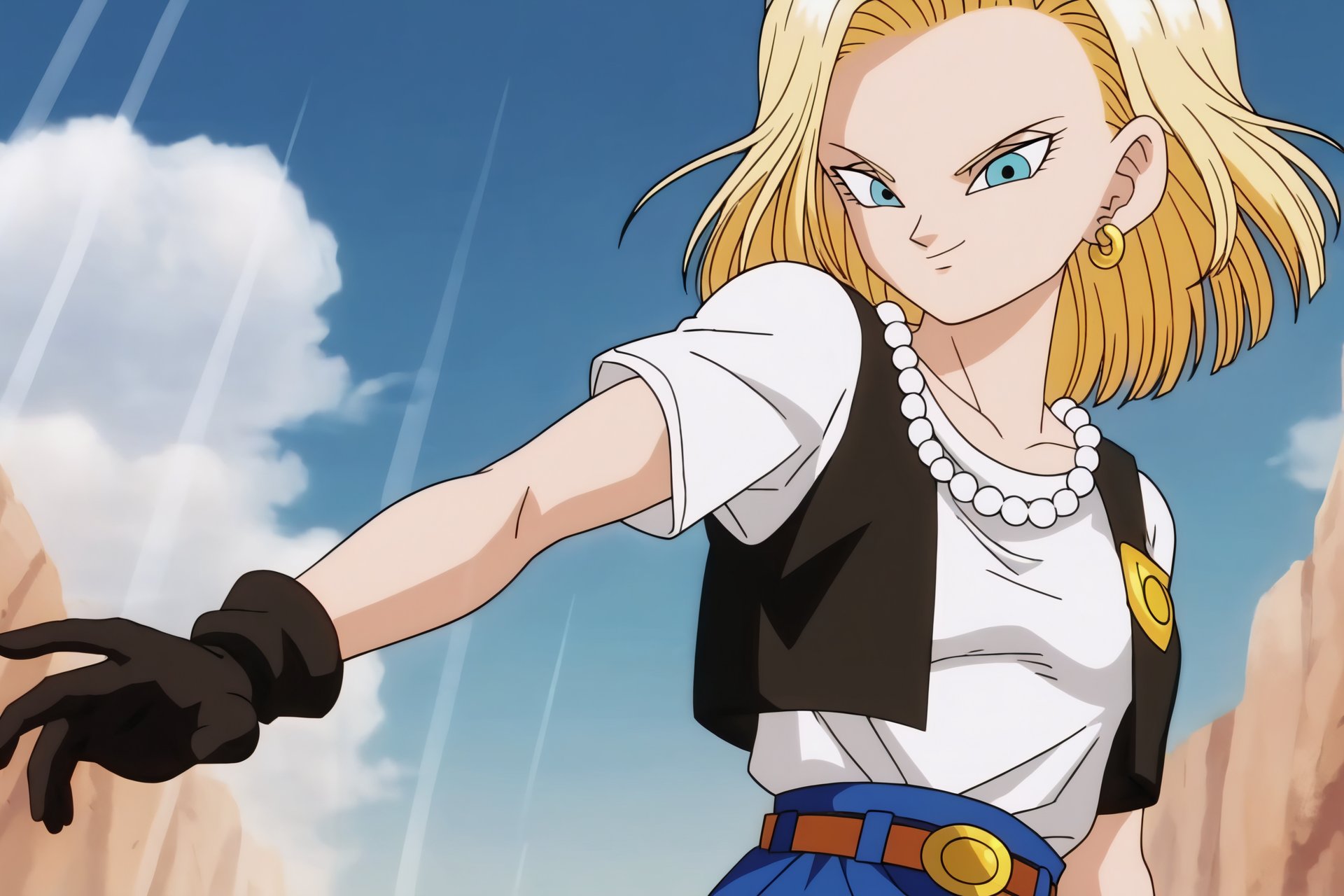 source_anime, score_9, score_8_up, score_7_up, anime screencap,android 18, 1girl, solo, breasts, looking at viewer, smile, blue eyes, blonde hair, gloves, flying, closed mouth, short sleeves, t-shirt, shirt tucked in, forehead, white t-shirt, hoop earrings, black gloves, necklace, vest, bracelet, outstretched arms, blue, badge, pearl necklace, cell saga, collarbone, floating hair, black vest, cloud, <lora:c18_pony_v1:0.8>