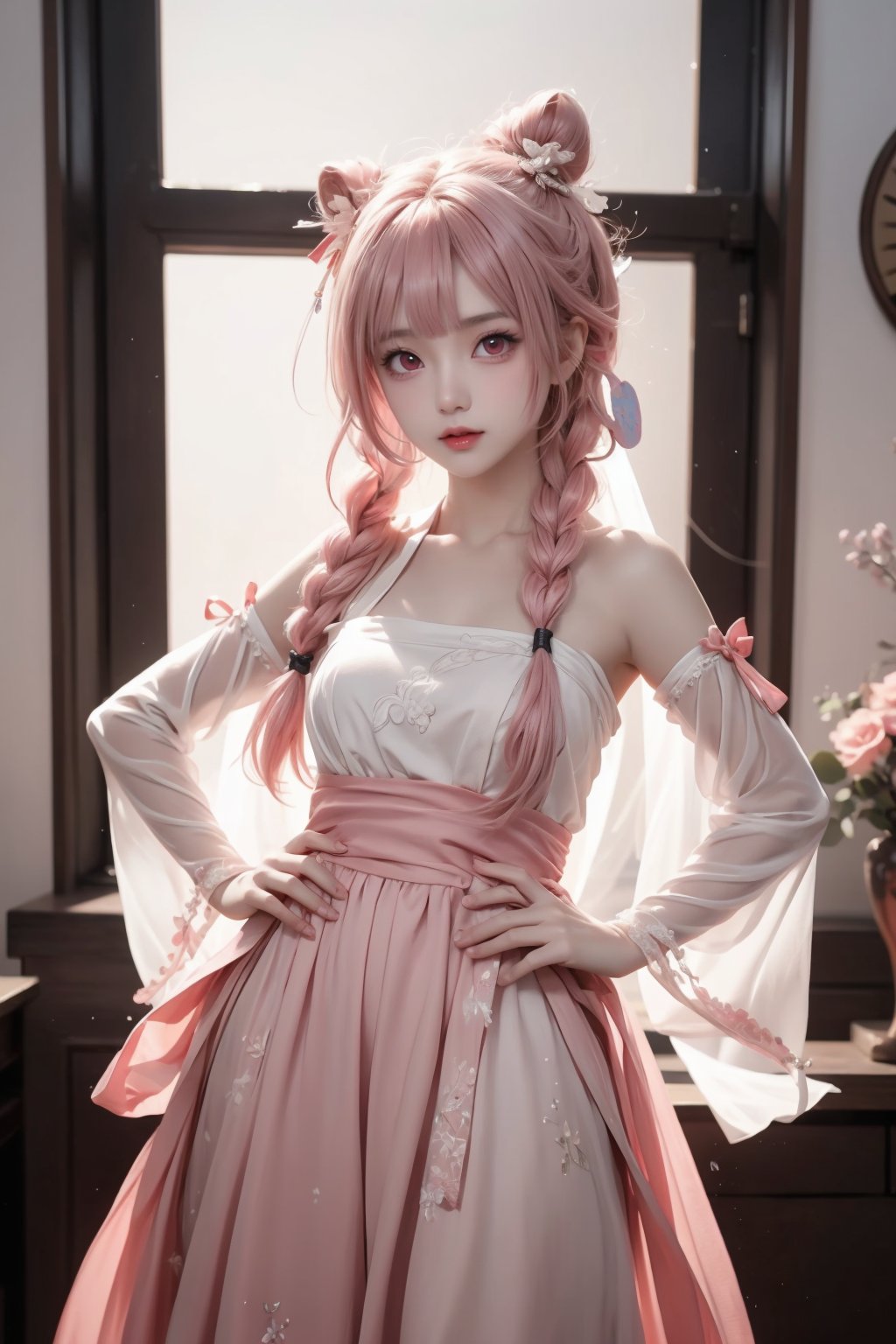 a anime character in a wedding outfit with pink hair and a bun,1girl,solo,hands on hips,pink hair,braid,long hair,looking at viewer,bangs,hair ornament,twin braids,ribbon,red ribbon,detached sleeves,closed mouth,ahoge,window,blush,red eyes,frills,pink eyes,dress,(best quality, masterpiece, ultra-detailed, illustration),(4K wallpaper),(beautiful detailed eyes),beautiful,amazing,detailed eyes,(detailed skin),