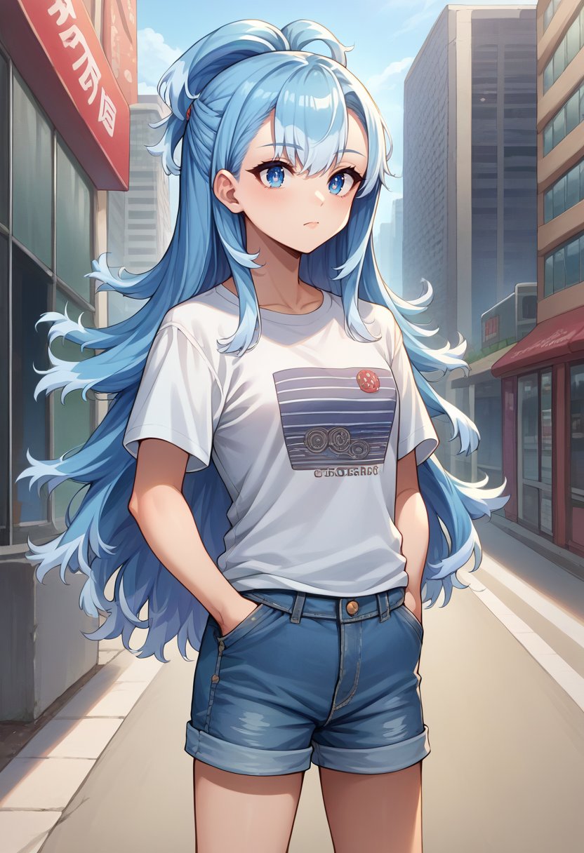 score_9, score_8_up, source_anime, 1girl, solo, KoboKanaeru, blue eyes, long hair, blue hair, colored tips, white hair, t-shirt, denim shorts, standing, outdoors, city, hands in pockets, <lora:Char-KoboKanaeruPonyXL:1>