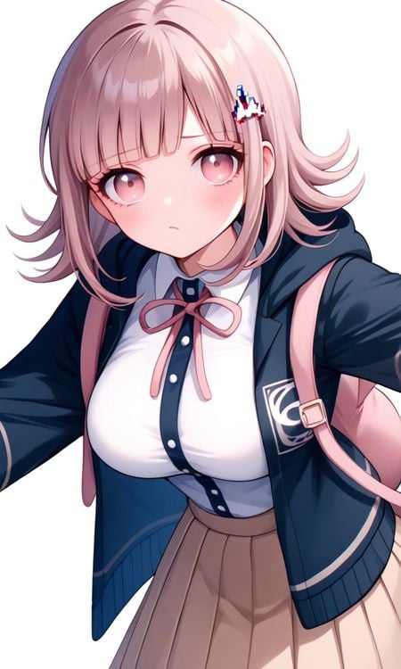 <lora:PONY_character_nanami_chiaki:1>,high quality,nanami chiaki,1girl,shirt,solo,skirt,jacket,ribbon,neck ribbon,hair ornament,pink ribbon,dress shirt,black shirt,collared shirt,pout,white shirt,flipped hair,open jacket,open clothes,breasts,long sleeves,hood,pleated skirt,black jacket,large breasts,blush,looking at viewer,backpack,bag,shirt tucked in,hooded jacket,cowboy shot,two-tone shirt,leaning forward,brown hair,hood down,brown skirt,blunt bangs,grey shirt,closed mouth,, score_9, score_8_up, score_7_up, score_6_up, score_5_up, score_4_up, just describe what you want, tag1, tag2