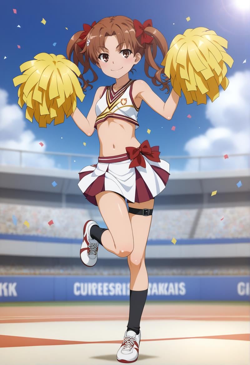 score_9, score_8_up, score_7_up, BREAK source_anime, toaru_as, 1girl, cheerleader, shirai kuroko, pom pom (cheerleading), skirt, solo, twintails, brown hair, socks, shoes, navel, pleated skirt, brown eyes, smile, armpits, miniskirt, black socks, sneakers, white skirt, midriff, full body, arm up, shirt, standing, looking at viewer, bow, sleeveless, holding, red bow, standing on one leg, long hair, shorts under skirt, hair bow, sleeveless shirt, white footwear, kneehighs, thigh strap, parted bangs, crop top, copyright name, confetti, closed mouth, alternate costume, holding pom poms, small breasts, leg up, wavy hair, <lora:Toaru_ASV4XL-EP10:1>