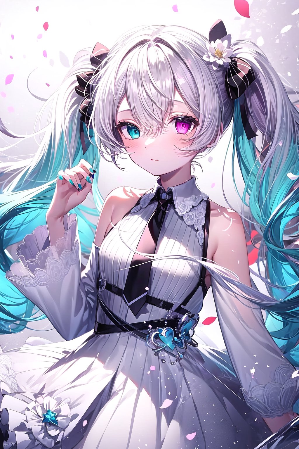 1girl, solo, heterochromia, long_hair, dress, hatsune_miku, looking_at_viewer, purple_eyes, blue_eyes, twintails, white_dress, nail_polish, white_hair, long_sleeves, bow, necktie, hair_bow, bangs, aqua_nails, ribbon, hair_between_eyes, black_bow, pleated_dress, flower, blue_nails,miku_niigo,grey_hair,pink_eyes,aqua_eyes,Eyes,Beautiful eyes<lora:EMS-441647-EMS:0.800000>, <lora:EMS-91280-EMS:0.800000>