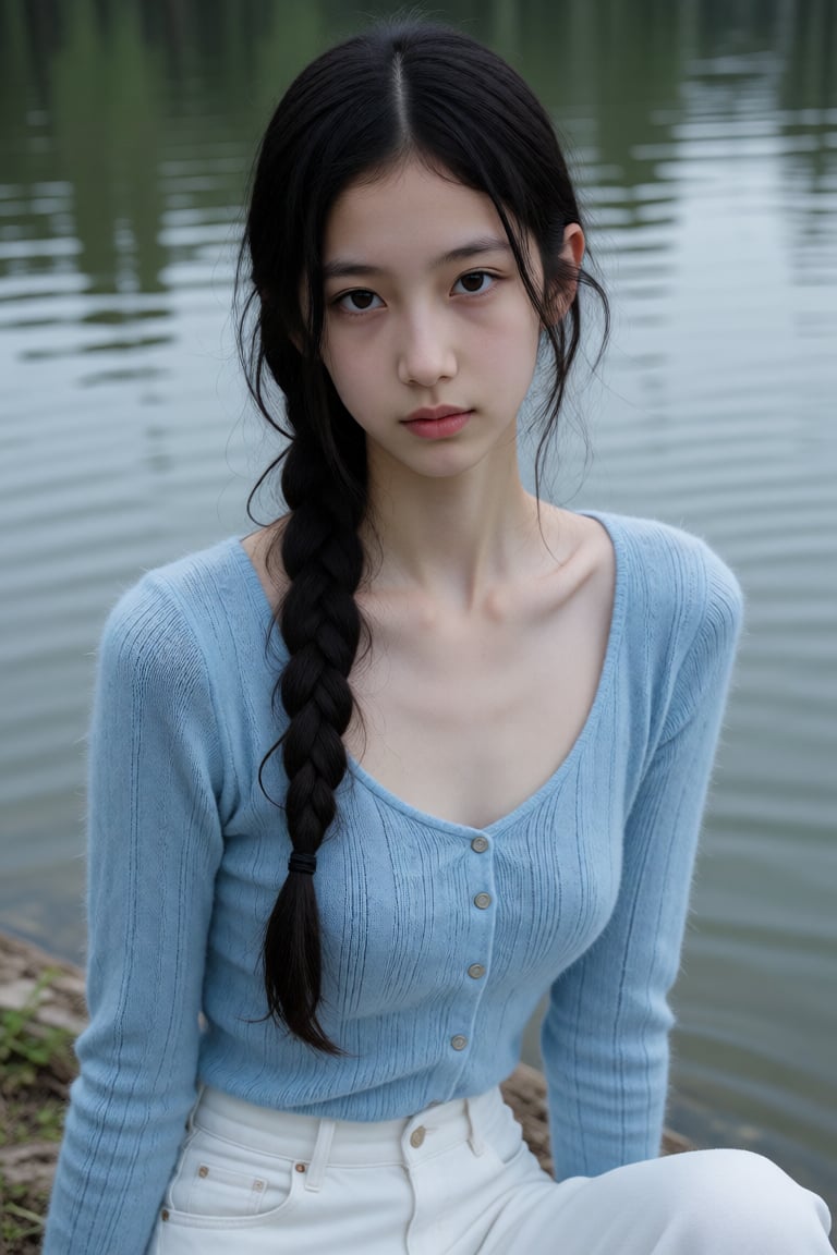 一位皮肤白皙、留着黑色长辫的年轻亚裔女子,  身穿浅蓝色毛衣和白色裤子,  坐在宁静的湖边。 by 天TIN on Tensor.Art