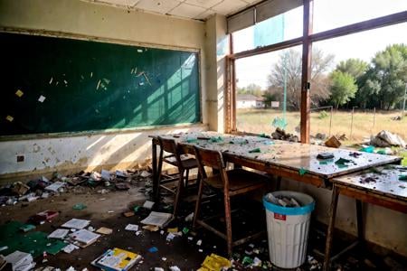 RAW photo,subject,8k uhd,dslr,soft lighting,high quality,film grain,Fujifilm XT3,,,ruanyi0056,book,book stack,bottle,box,broken,broken glass,broken window,bucket,cardboard box,chair,chalkboard,classroom,curtains,debris,desk,glass,grass,indoors,messy room,ruins,school,school desk,shelf,table,trash can,wall,water,dirty,reflection,dirt,dust,no humans,<lora:detail_slider_v4:1>,<lora:0056 abandoned school_v2:1>