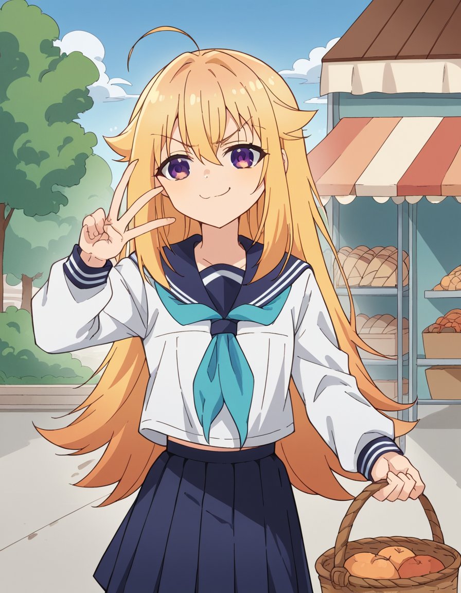 score_9, score_8_up, score_7_up, source_anime, <lora:torako-koshi-s1-v2-ponyxl-lora-nochekaiser:1>, torako koshi, long hair, bangs, blonde hair, hair between eyes, very long hair, purple eyes, ahoge, sidelocks, hair flaps, skirt, shirt, long sleeves, school uniform, white shirt, pleated skirt, serafuku, sailor collar, blue skirt, neckerchief, blue sailor collar, blue neckerchief,, farmers market, fresh produce, local vendors, baskets, sunny day, community, , , v, v over mouth, smug,, solo,, cowboy shot, dutch angle