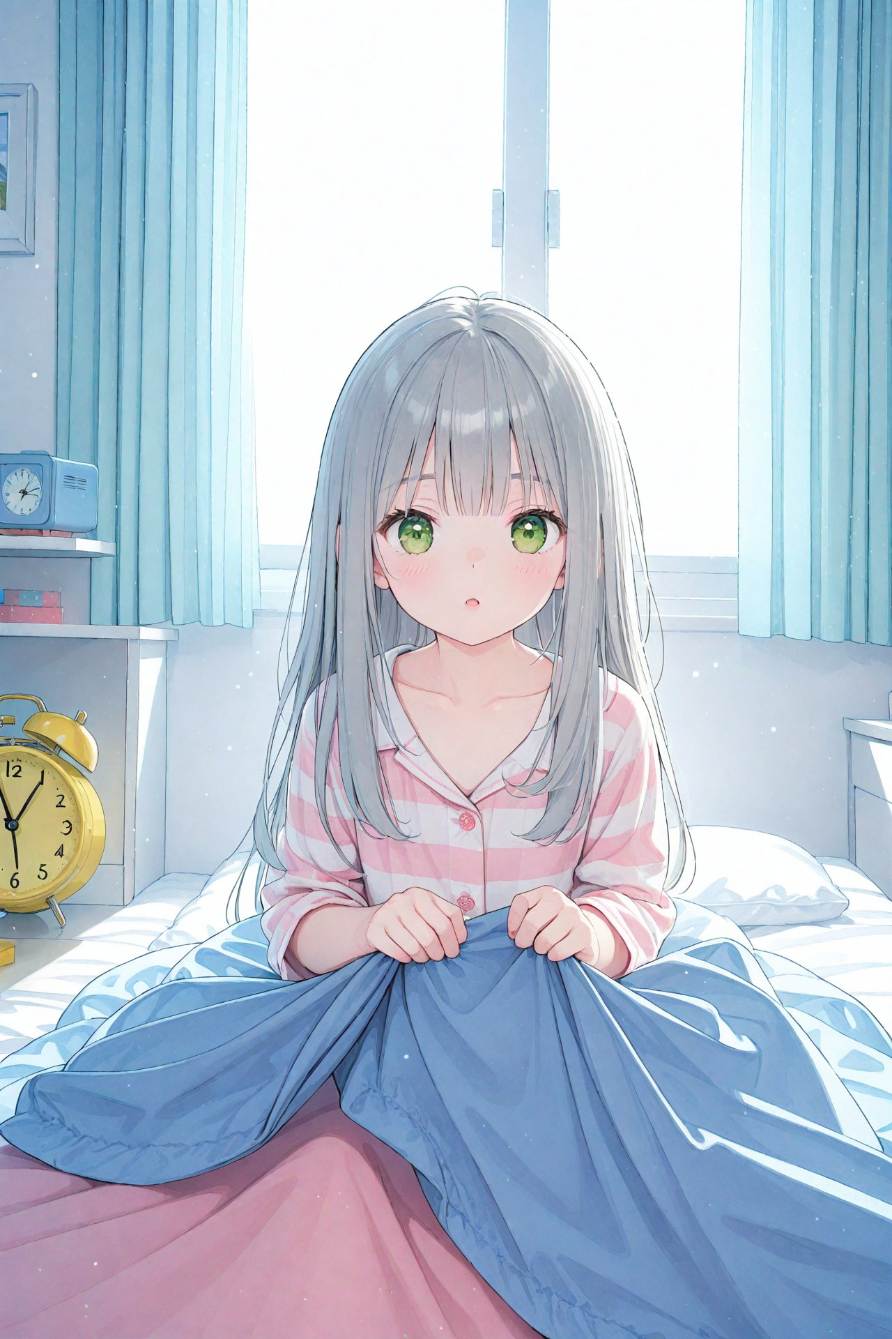 (masterpiece),(best quality),illustration,ultra detailed,hdr,Depth of field,(colorful),loli,1girl,clock,solo,alarm clock,under covers,green eyes,bed,long hair,pillow,indoors,sunlight,curtains,pajamas,grey hair,blanket,window,collarbone,bangs,