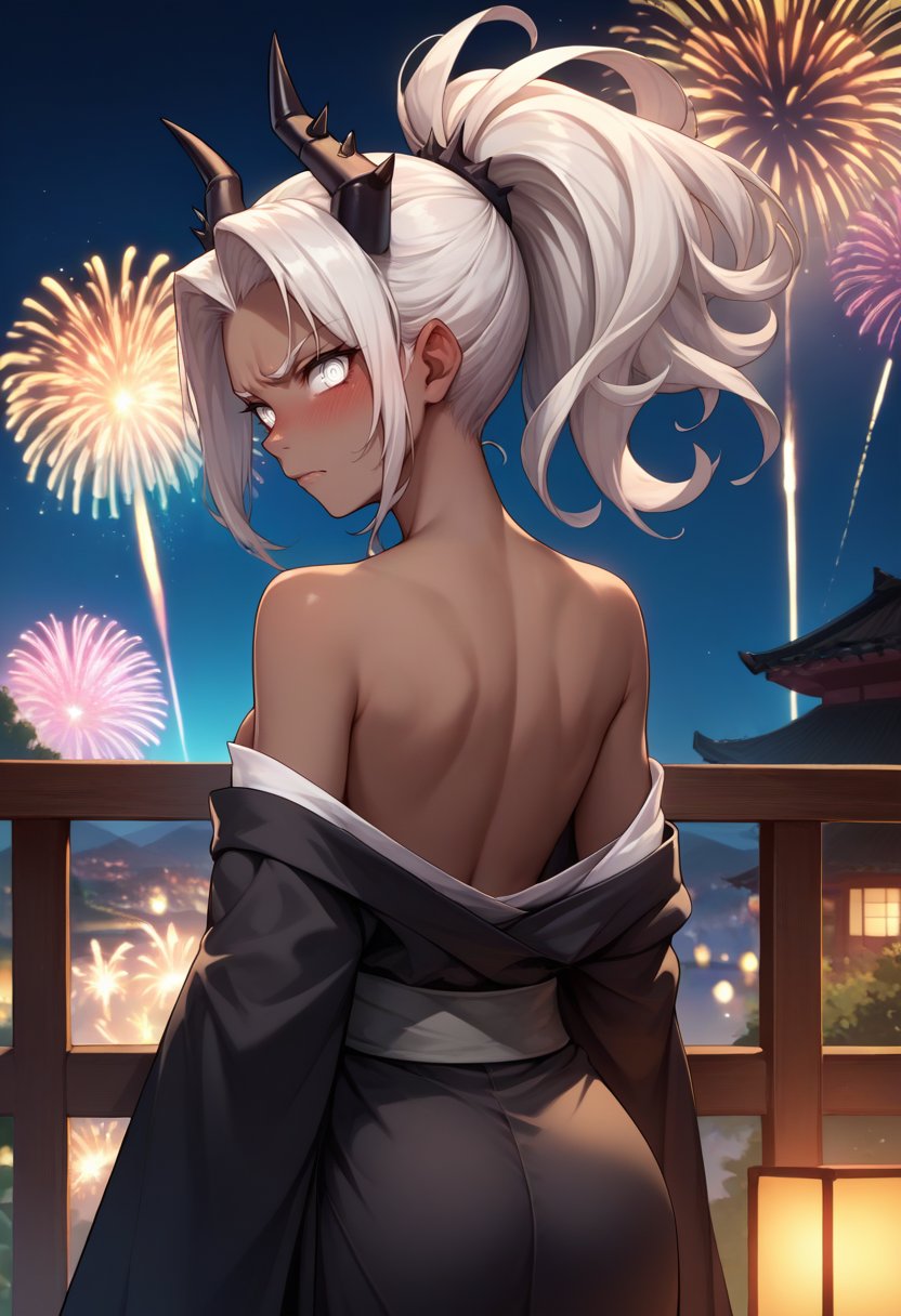 score_9, score_8_up, score_7_up, source_anime, from behind, solo, 1girl, htjudgement, dark skin, blush, embarrassed, looking back, white hair, ponytail, black horns, demon horns, white eyes, black kimono, off shoulder, bare shoulders, fireworks <lora:helltaker_judgement_ponyXL:1>