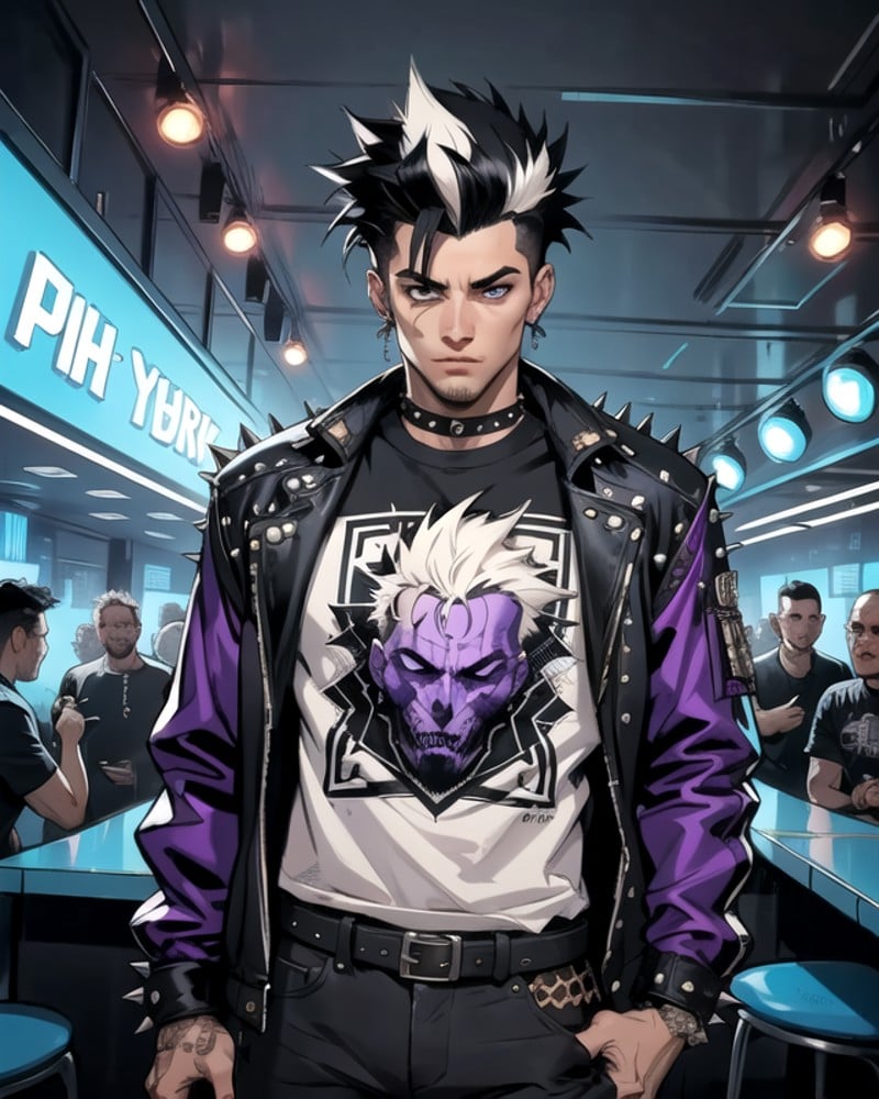 original-art, lineart, man, masculine, boy,  FreakShow,  jacket, graphic shirt, torn clothing, spiked hair, black hair, liberty spiked hair, dark purple accents clothing, stubble, muscular, partying in nightclub, intricate-setting, dynamic lighting, fine-details, flat-colors, hatched-texture, (comic style:1.1), detailed face, (detailed eyes:1.1), masterpiece, clear, in-focus, clean lines, (clear in focus eyes:1.1), looking at viewer,   <lora:FreakShowPunkV2:0.8> 