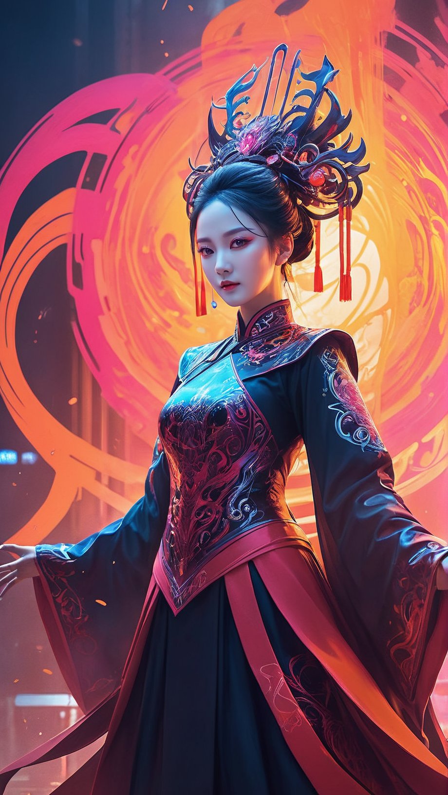 urban graffiti style concept art A Chinese female Opera playing,  fire,  fog by miaomiao on Tensor.Art