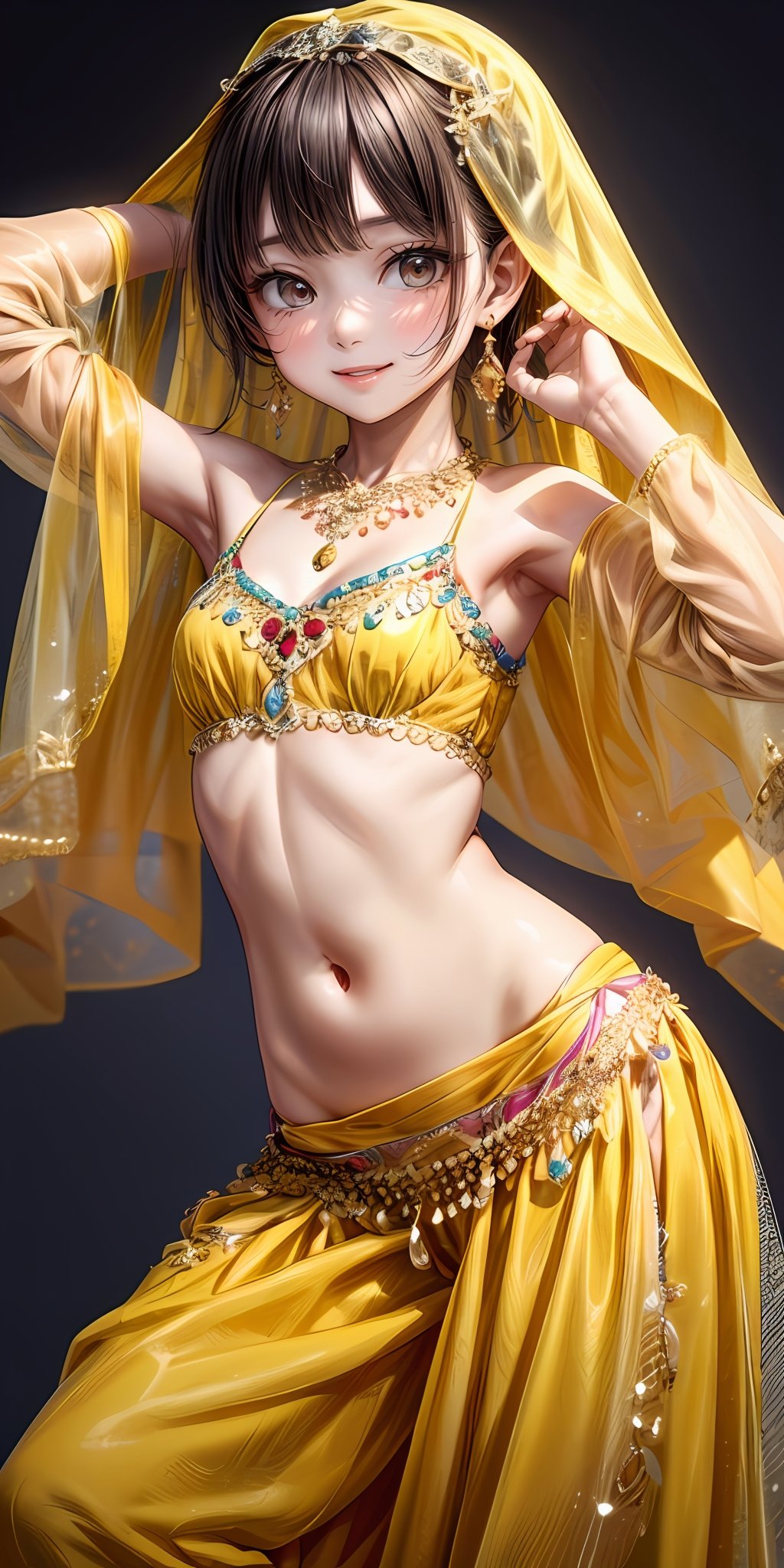 (masterpiece,ultra-detailed,best quality,8K,CG,illustration,shaved:1.0),(petite girl:1.0) <lora:more_details:1>, smile,simple background, <lora:belly dance clothes v1.0:0.5> jyojifuku, veil, midriff, necklace, earrings, see-through,dance,yellow clothes