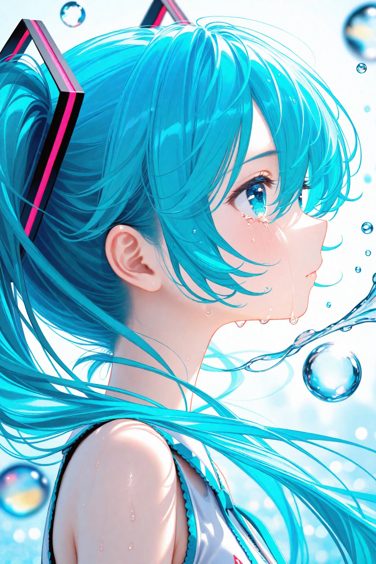 (masterpiece),(best quality),illustration,ultra detailed,hdr,Depth of field,(colorful),nai3 Style,1girl,solo,hatsune miku,long hair,twintails,tears,from side,profile,crying,bare shoulders,aqua eyes,bubble,portrait,blue hair,hair ornament,crying with eyes open,blurry,blue eyes,aqua hair,hair between eyes,water drop,closed mouth,sleeveless,upper body,