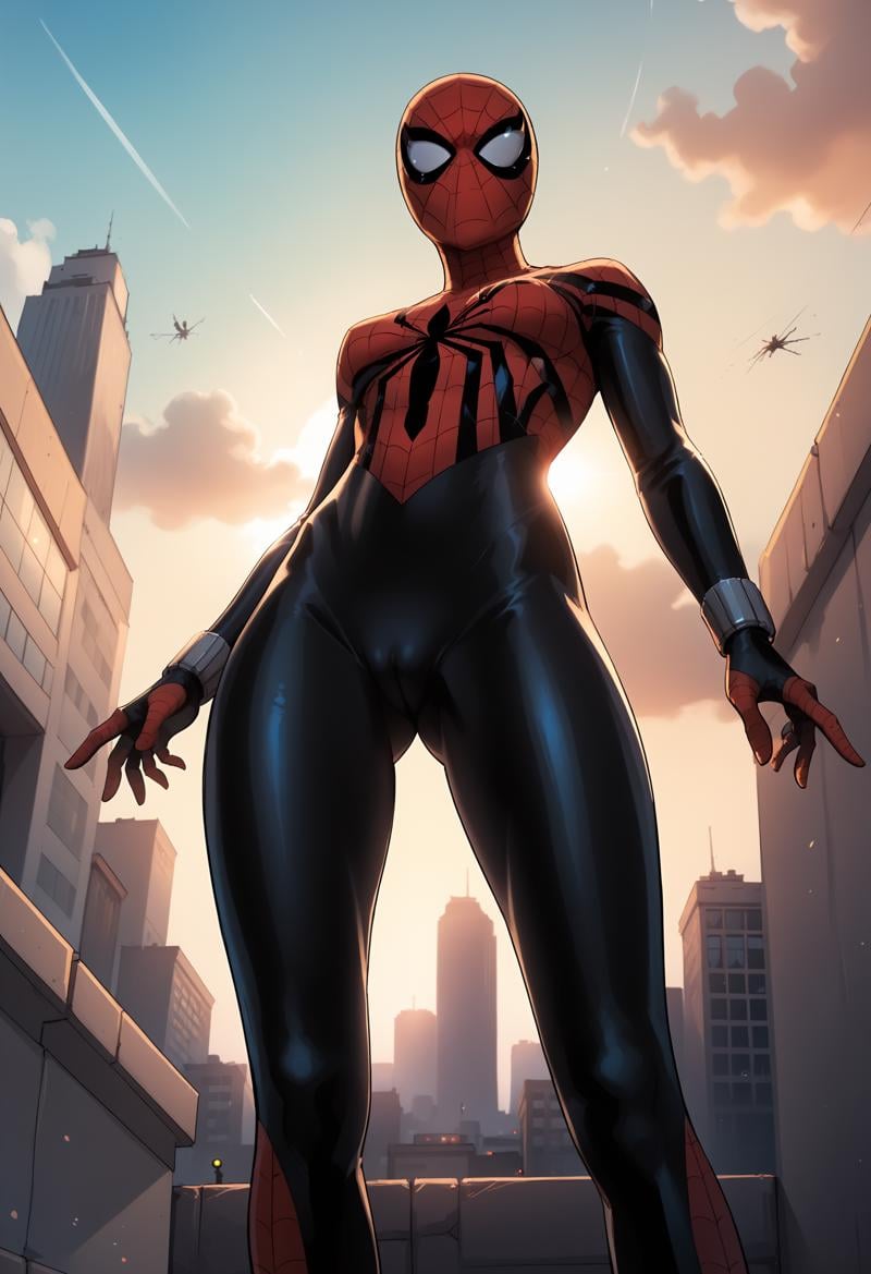 score_9, score_8_up, score_7_up, score_6_up, score_5_up, score_4_up, 1girl, <lora:SpiderGirl:0.85> superhero, medium breasts, bodysuit, spider web print, mask, from below, cameltoe, (city background), on rooftop, blurry background, sky, clouds, 