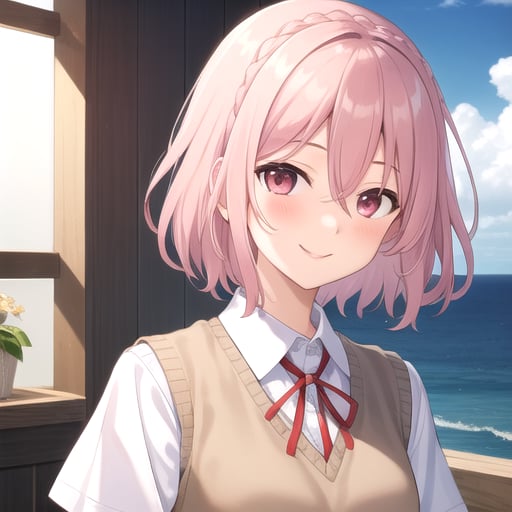 ((masterpiece)),(best quality),official art,extremely detailed CG,unity 8k wallpaper,ultra detailed,A lighthouse on a cliff by the sea,1girl,solo,upper body,(portrait:1.2),looking at viewer,sonogami rinne,white shirt,medium hair,school uniform,beige vest,blue skirt,blush,collared shirt,braid,hair between eyes,pink hair,pink eyes,red ribbon,pleated skirt,smile,white socks,loafers,<lora:Sonogami Rinne(dal)>,