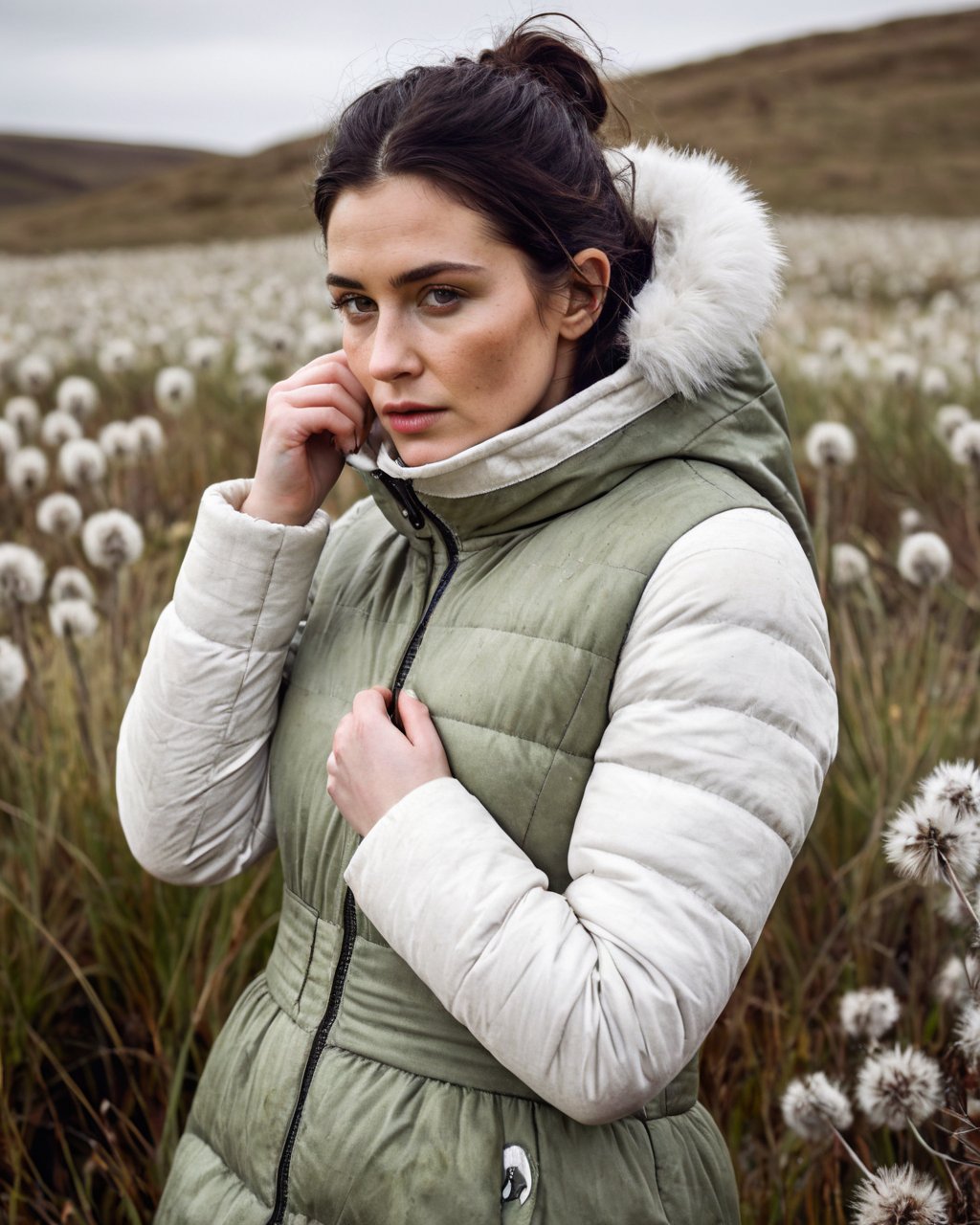 Nikon Shoot, portrait action shot, Profoundly dark whitish meadow, glass flowers, Stains, british woman wearing White Olive green  puffer jacket, used styled Cotton frock,  Sci-fi vibe, dirty, noisy, modern realism style, very detailed, hd