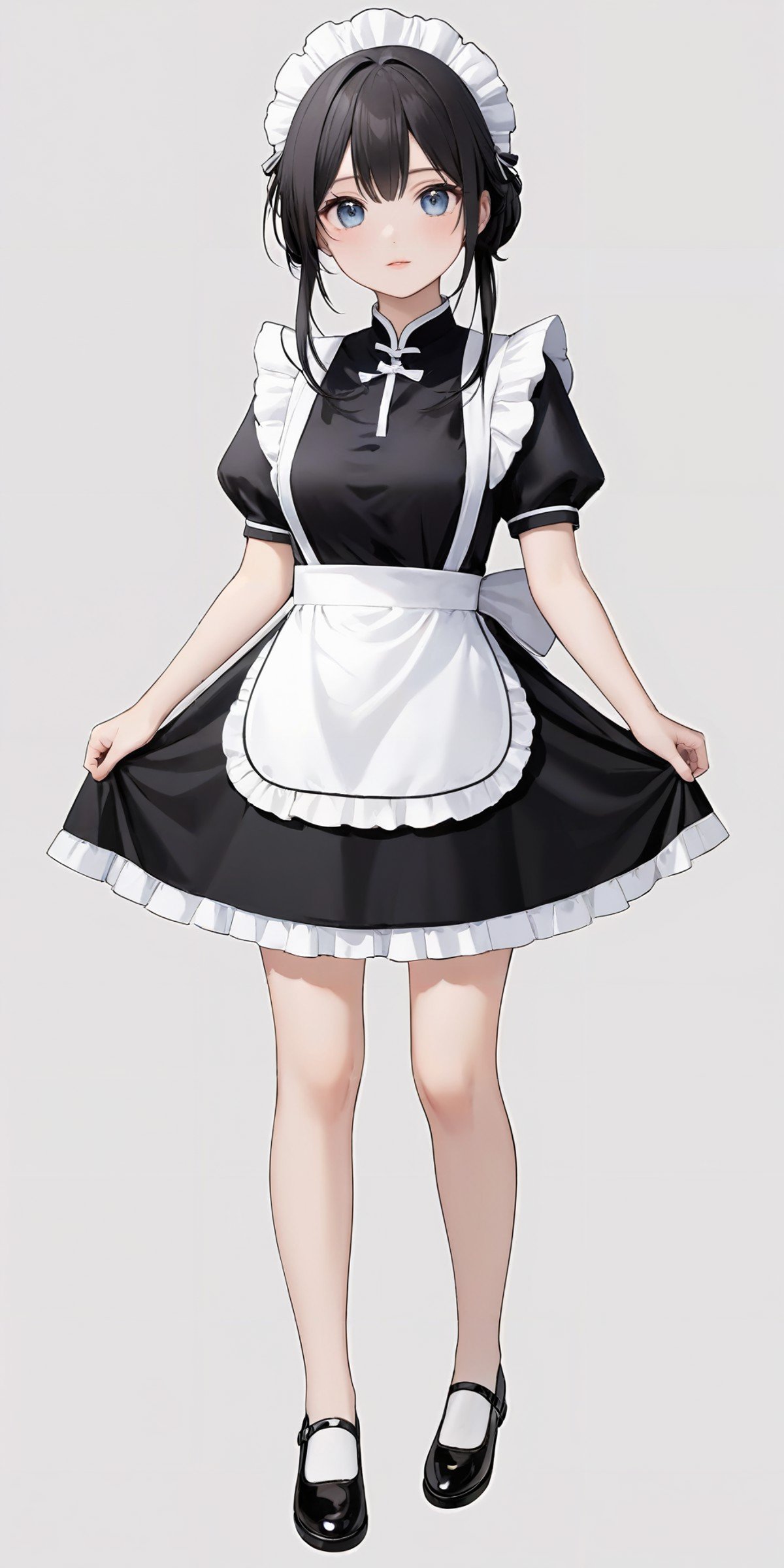 masterpiece,ultra-detailed,best quality,8K,illustration,cute face,clean skin ,shiny hair,girl,ultra-detailed-eyes,simple background, <lora:add-detail-xl:1>  <lora:china maid_XL_V1.0:0.6> china maid,full body