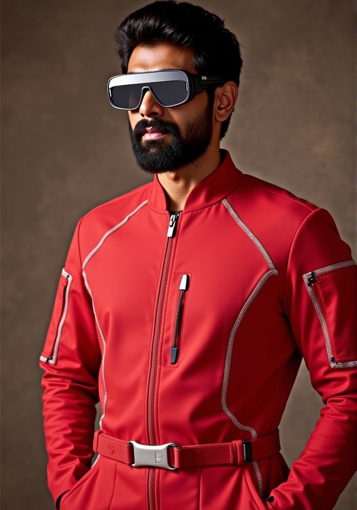 rana daggubati ,  Hi-res photo. He wears futuristic electronic glasses. He is wearing a light red,  close fitting flight s...