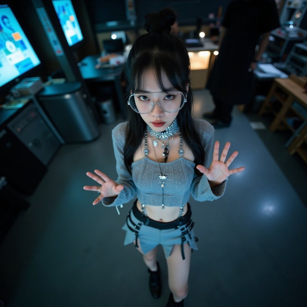 future_fashion, future_outfit, aesthetic pose, aesthetic, dynamic pose, outfit, A woman wearing a mini skirt, wide crop-top, futuristic glasses, heavy futuristic make-up, indoor, dark enviroment, artificial lightning, photo captured by xie xeing, the woman is looking at camera, image captured from above.