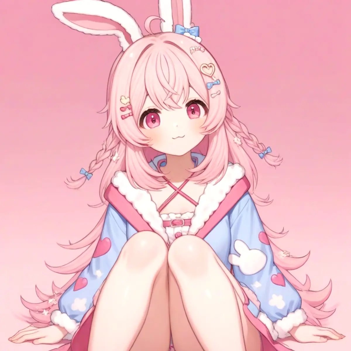 pippa, :3 rabbit ears, bangs, rabbit girl, sleeves past wrists, solo, twin braids, virtual youtuber, ahoge, pink eyes, pink hairpipi hairclip, heart hairclip, bow hairclip, bunny hairclip, red bow hairclip, tiny heart hairclip,((sitting, pink background))(((best quality, ultra-detailed, shading, sharpness, volumetric lighting,))) <lora:PIPPA-XL-t9-000001:0.6>