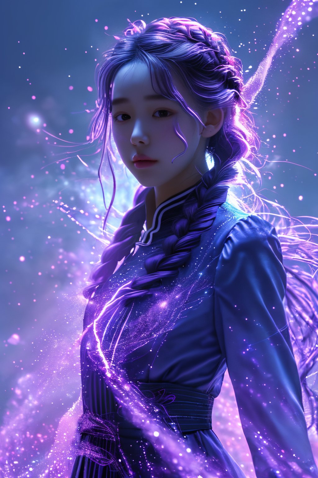 <lora:NHHC-1.5:0.8>,nhhc01,1girl,solo,upper body,braid,dress,purple hair,nose,magic,long sleeves,light particles,