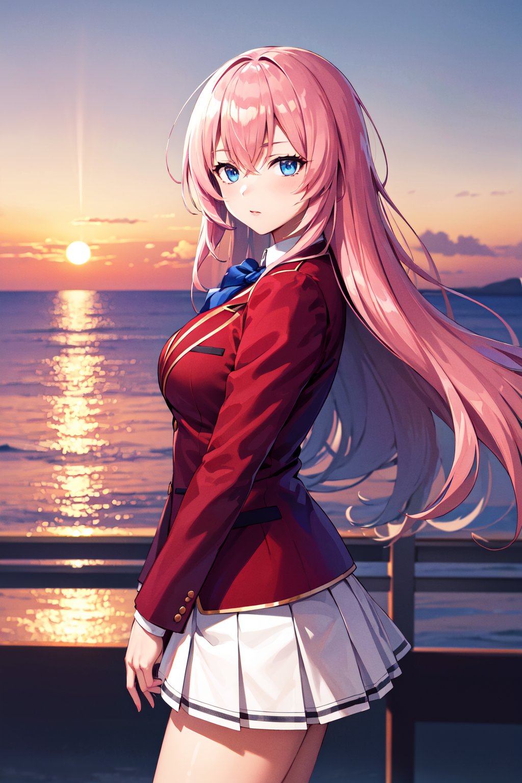 masterpiece, best quality, highres, aahonami, long hair, pink hair, blue eyes, school uniform, blue bowtie, blazer, red jacket, long sleeves, pleated skirt, white skirt, <lora:ichinose_honami_v1:0.7>, wind, from side, bridge, sunset, ocean