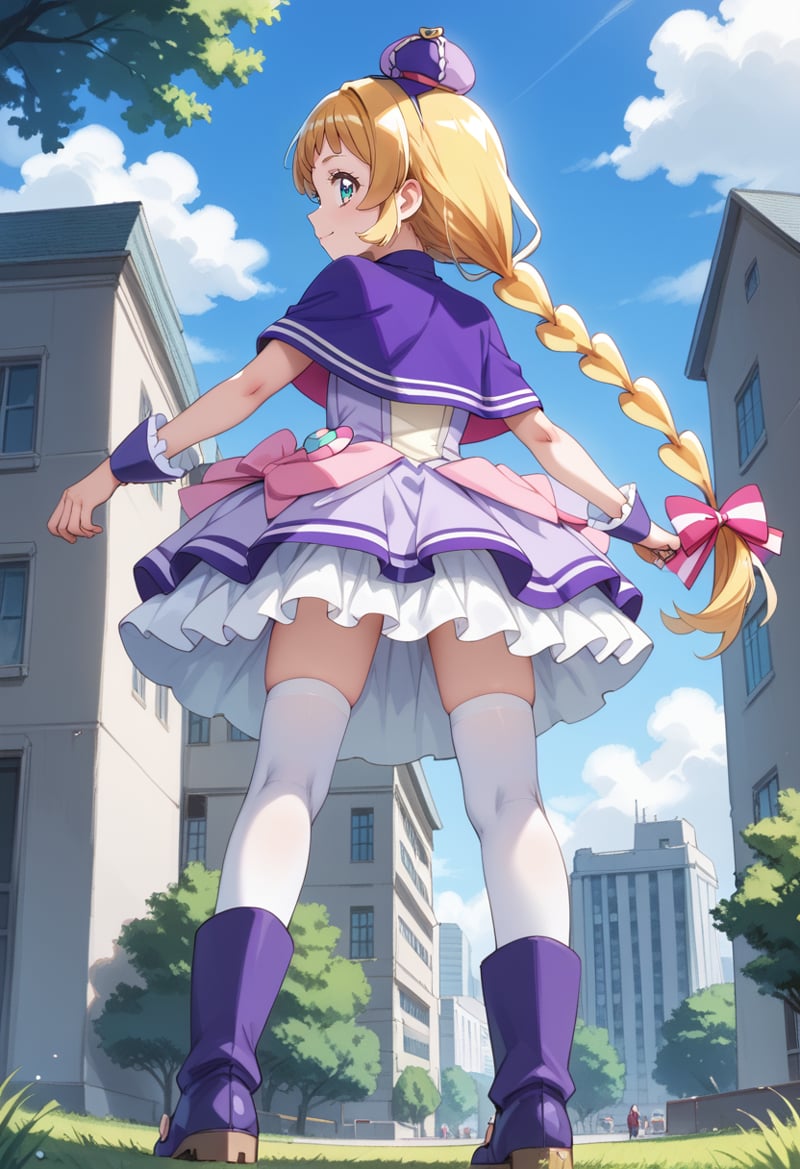 score_9, score_8_up, score_7_up, source_anime, BREAKcure friendy, blonde hair, 1girl, solo, twin braids, from behind, white legwear, blue eyes, aqua eyes, green eyes, multicolored eyes, looking back, smile, very long hair, day, outdoors, hair bow, cloud, standing, blue sky, striped bow, full body, purple footwear, pink bow, purple capelet, zettai ryouiki, building, purple headwear, purple bow, white skirt, low-braided long hair, thighhighs under boots, school, blue headwear, knee boots, frills, mini witch hat, from below, tree, multicolored clothes, blue footwear, layered skirt, hair ribbon, back bow, shadow, dress bow, walking, petticoat, wrist cuffs, arm warmers, house, grass, frilled skirt, white dress, back, striped ribbon, legs apart, cloudy sky, garrison cap, miniskirt, purple dress, white headwear, low twintails, blue capelet, pink capelet, pink ribbon, anime coloring, bubble skirt, single stripe, white thighhighs, short dress, tilted headwear, multicolored dress, frilled dress, multicolored bow<lora:cure_friendy_inukai_iroha_sdxl_locon_pony_v1:0.7>