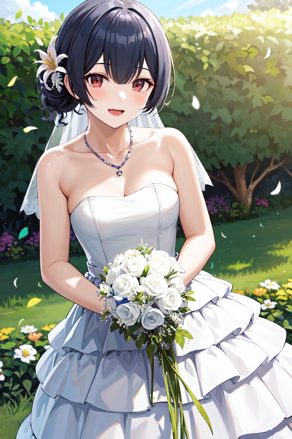 masterpiece, best quality, highres, aarinze, short hair, single hair bun, hair flower, <lora:morino_rinze_v1:0.7>, small breasts, wedding dress, strapless, white dress, necklace, garden, standing, cowboy shot, holding bouquet, smile, open mouth, confetti,