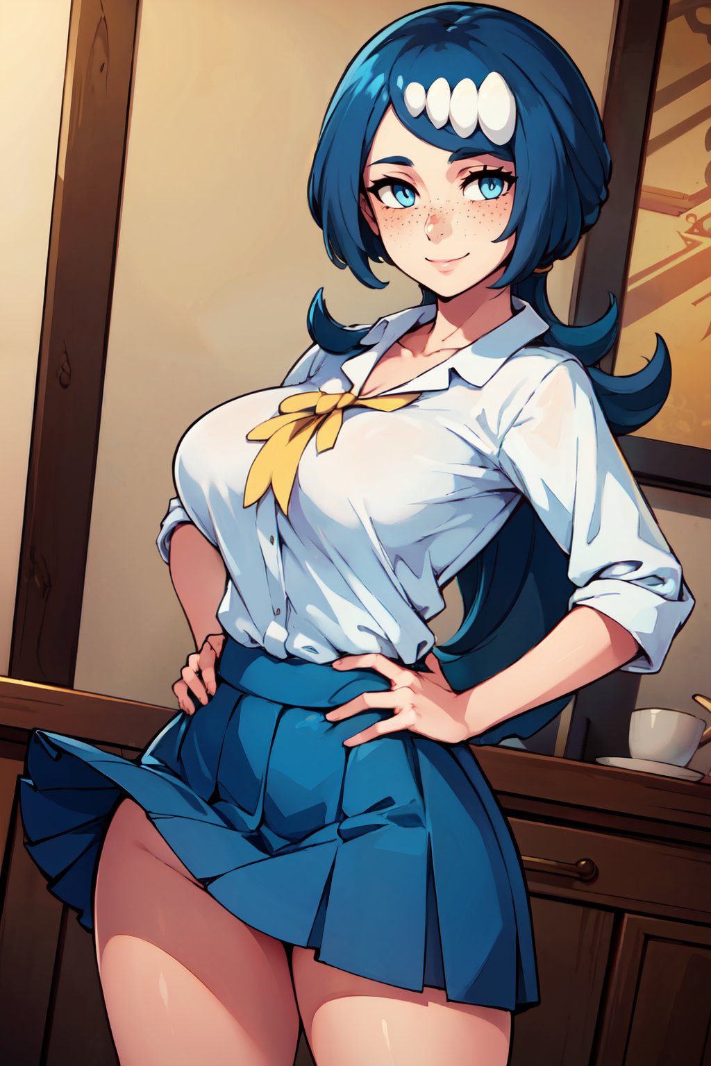 ((masterpiece,best quality)), absurdres,  BREAK,, <lora:Lanas_Mother_Pokemon:0.8>, zzLanasMother, blue hair, blue eyes, long hair, freckles, large breasts, hair ornament, white shirt, blue skirt, , BREAK, hip to the side, hand on hip, contrapposto,, BREAK, solo, smile, looking at viewer, cowboy shot,