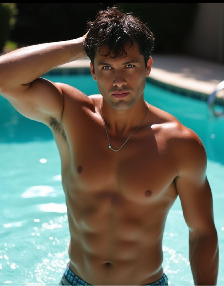 Rob Rausch ,  emerging from a swimming pool. water dripping from his sculpted body. brushing his wet hair back with one ha...