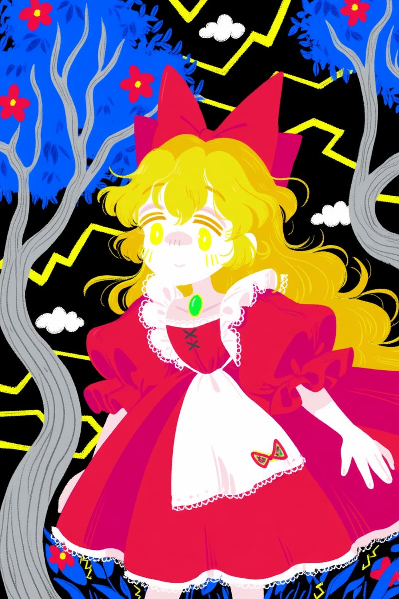 @jsslnst,  The image depicts a young girl with long,  wavy blonde hair adorned with a large pink bow. She wears a red dres...